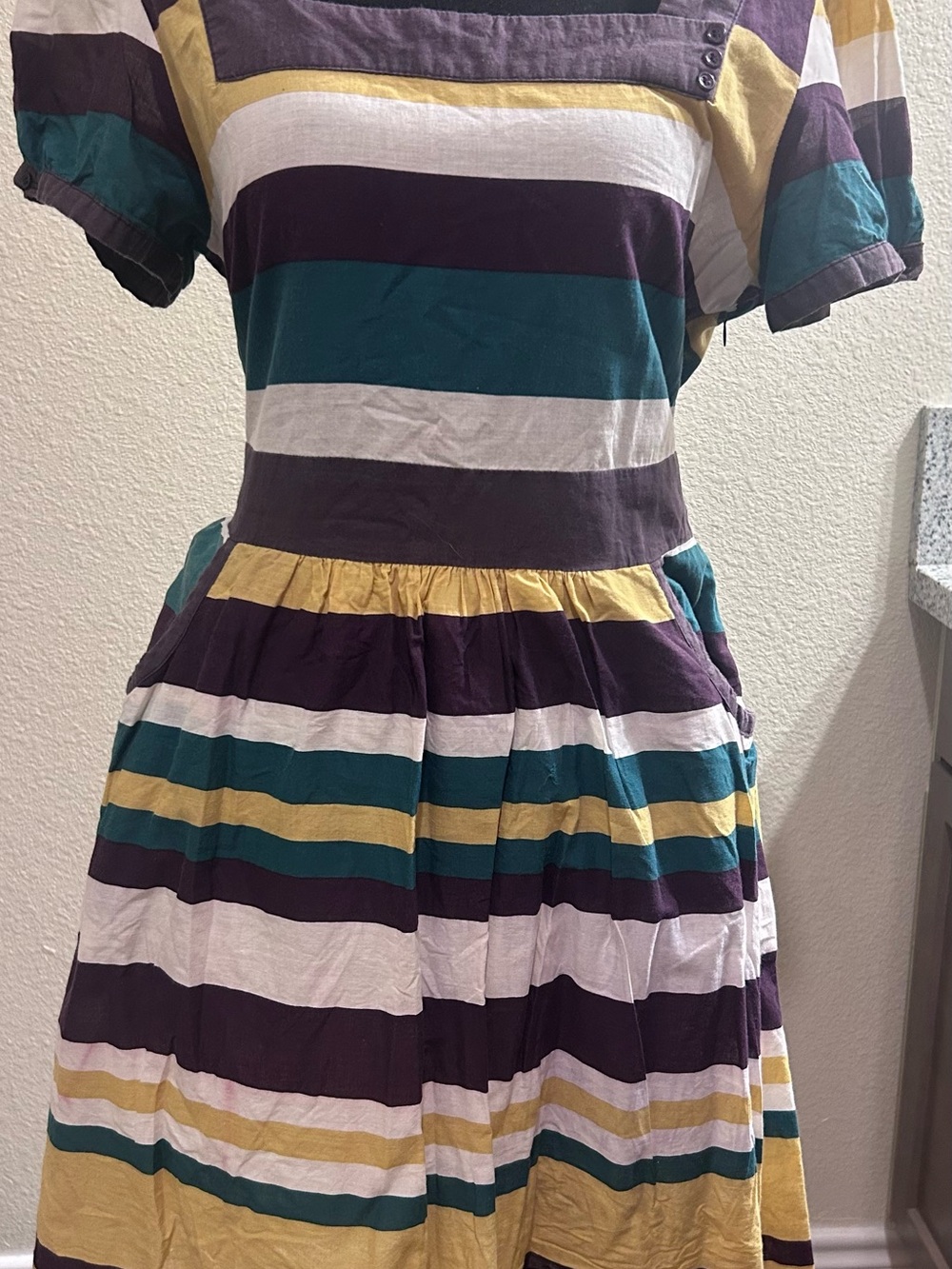 Hot & Delicious Striped Cotton Dress in Purple, Teal, Yellow & White